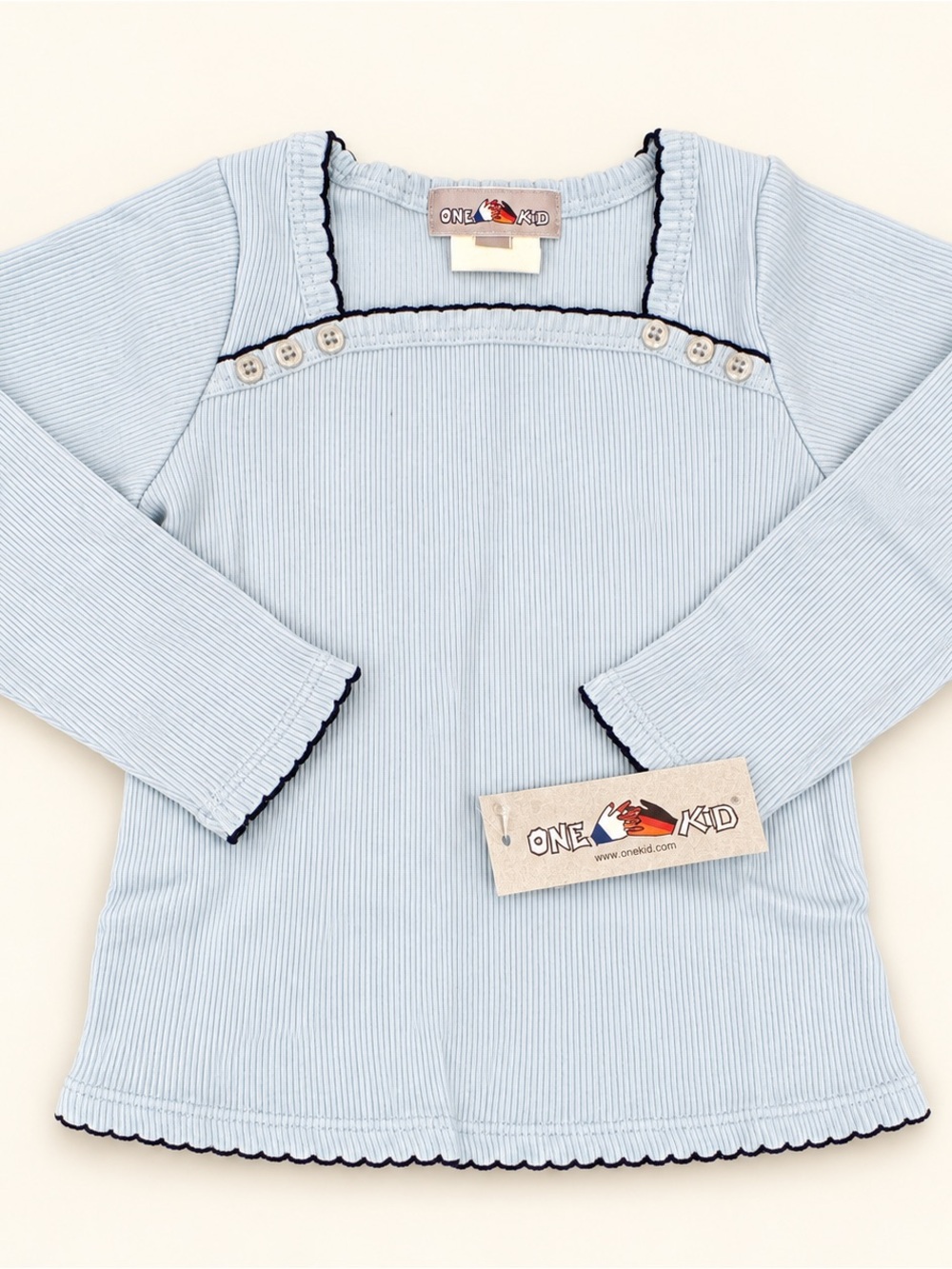 Light Blue Ribbed Long-Sleeve Top with Navy Trim